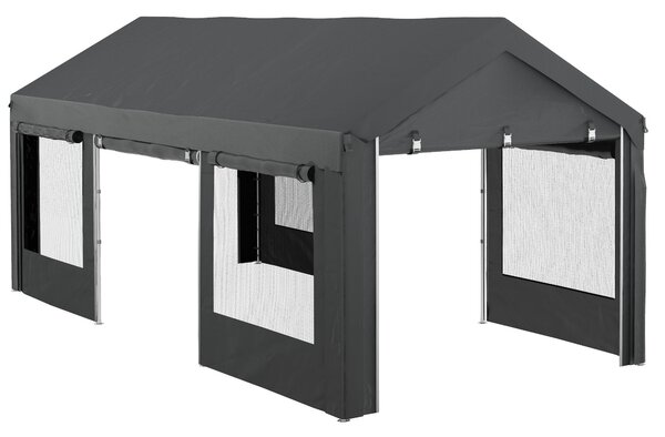 Outsunny Carport, přibližně 6 x 3 m party stan, nastavitelná výška garáže pro auto, přístřešek s 4 síťovanými okny a 4 dveřmi, pro auto a dodávku, oce