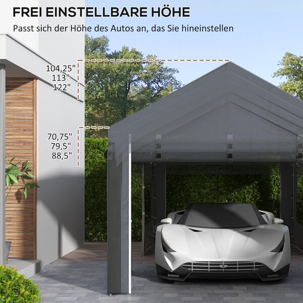 Outsunny Carport, přibližně 6 x 3 m party stan, nastavitelná výška garáže pro auto, přístřešek s 4 síťovanými okny a 4 dveřmi, pro auto a dodávku, oce