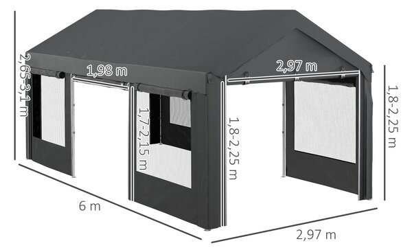 Outsunny Carport, přibližně 6 x 3 m party stan, nastavitelná výška garáže pro auto, přístřešek s 4 síťovanými okny a 4 dveřmi, pro auto a dodávku, oce