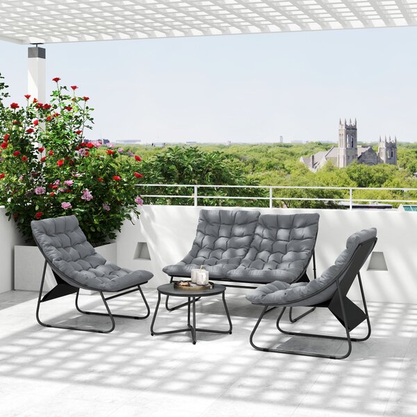 Sada zahradního nábytku Outsunny pro 4 osoby, weatherproof sedací souprava na balkon s dvoumístnou pohovkou, křeslem a stolečkem, venkovní sezení, kov