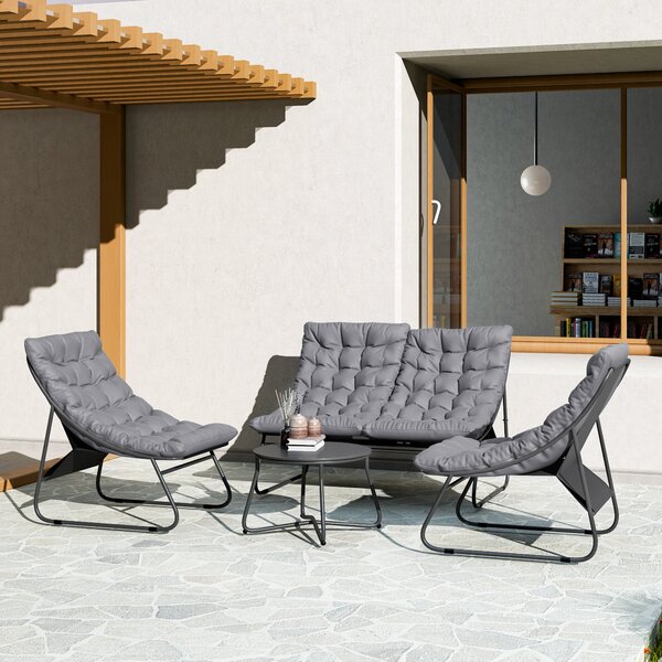 Sada zahradního nábytku Outsunny pro 4 osoby, weatherproof sedací souprava na balkon s dvoumístnou pohovkou, křeslem a stolečkem, venkovní sezení, kov