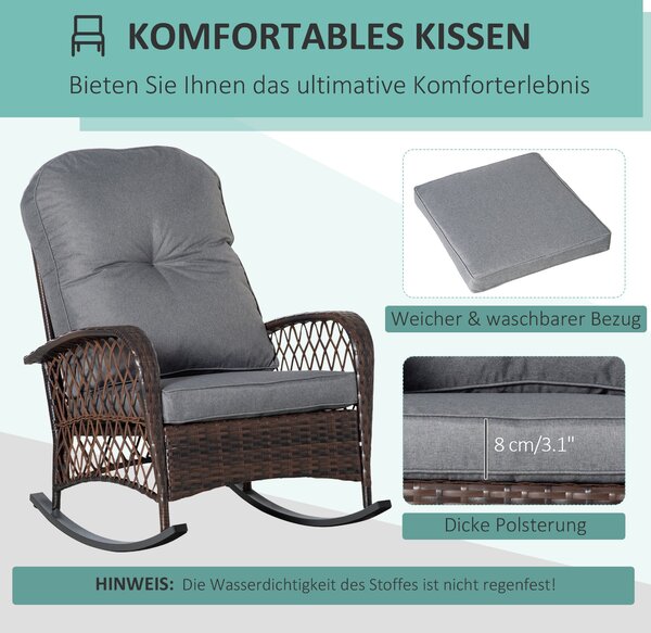 Outsunny Poly Rattan Houpací Křeslo s Polštáři, Zahradní Křeslo, Lounge Nábytek, Hnědé 75 x 98 x 91 cm | Aosom