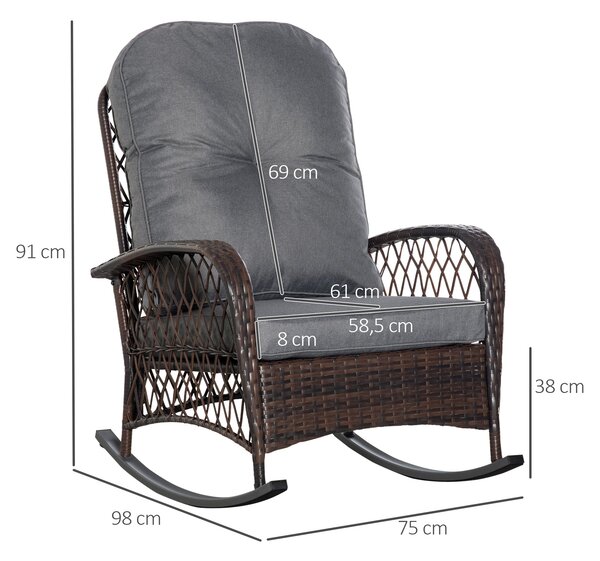 Outsunny Poly Rattan Houpací Křeslo s Polštáři, Zahradní Křeslo, Lounge Nábytek, Hnědé 75 x 98 x 91 cm | Aosom