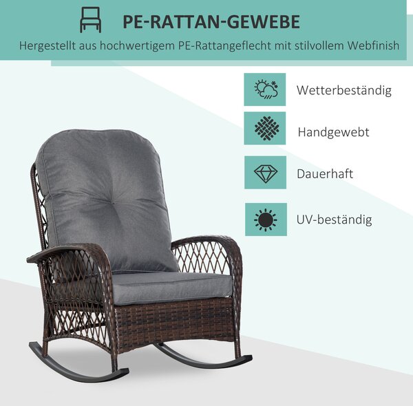 Outsunny Poly Rattan Houpací Křeslo s Polštáři, Zahradní Křeslo, Lounge Nábytek, Hnědé 75 x 98 x 91 cm | Aosom