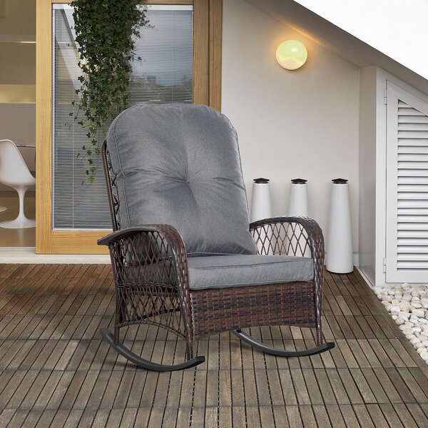 Outsunny Poly Rattan Houpací Křeslo s Polštáři, Zahradní Křeslo, Lounge Nábytek, Hnědé 75 x 98 x 91 cm | Aosom