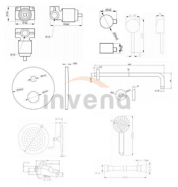 Invena Dafni, podomítková sprchová sada s ruční a hlavovou sprchou 25cm, černá matná, INV-BS-88-014-A