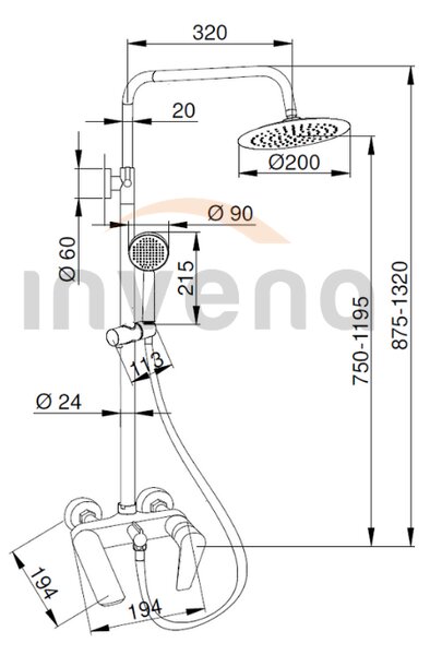 Invena Dokos, páková vanová/sprchová baterie s hlavovou dešťovou sprchou 20cm, černá matná, INV-AU-19-B04-V