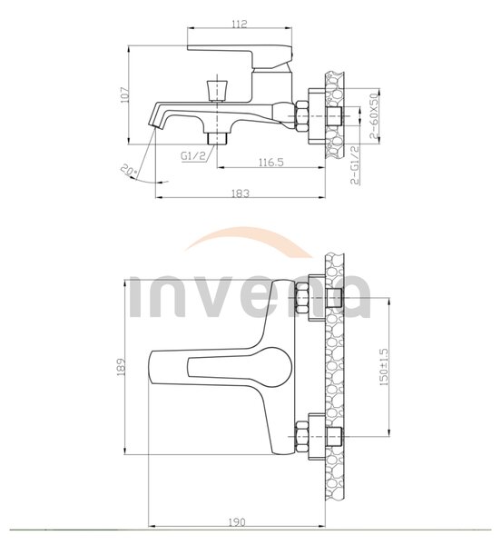 Invena Fira, nástěnná vanová baterie, černá matná, BW-71-004-V