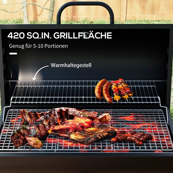 Outsunny Kovový Uhlíkový Gril BBQ Udírna s Termometrem v Poklici, Nastavitelný Držák pro Uhlí, Přenosný Grilový Vozík pro Barbecue a Kempování, 95x71