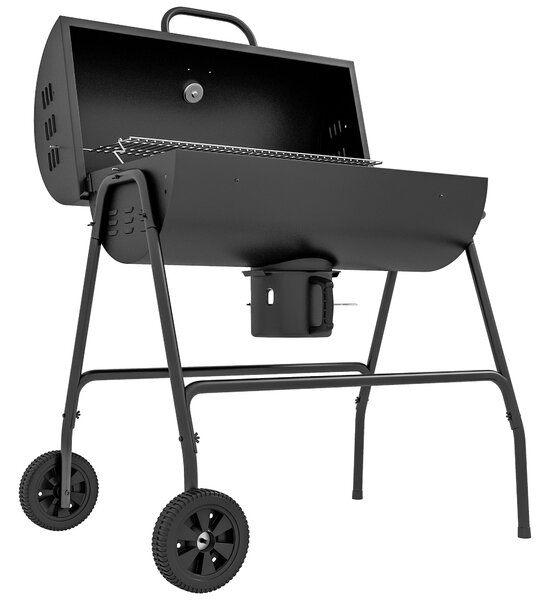 Outsunny Kovový Uhlíkový Gril BBQ Udírna s Termometrem v Poklici, Nastavitelný Držák pro Uhlí, Přenosný Grilový Vozík pro Barbecue a Kempování, 95x71