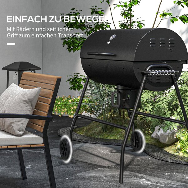 Outsunny Kovový Uhlíkový Gril BBQ Udírna s Termometrem v Poklici, Nastavitelný Držák pro Uhlí, Přenosný Grilový Vozík pro Barbecue a Kempování, 95x71