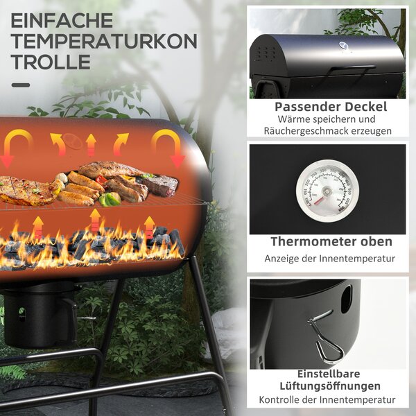 Outsunny Kovový Uhlíkový Gril BBQ Udírna s Termometrem v Poklici, Nastavitelný Držák pro Uhlí, Přenosný Grilový Vozík pro Barbecue a Kempování, 95x71