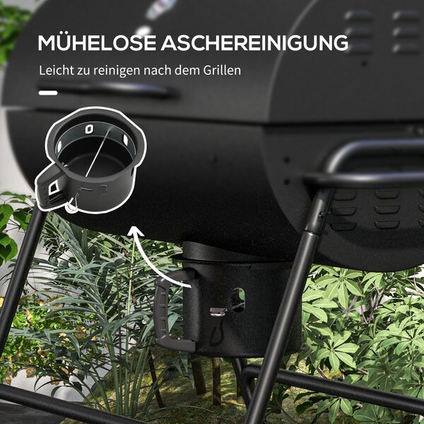 Outsunny Kovový Uhlíkový Gril BBQ Udírna s Termometrem v Poklici, Nastavitelný Držák pro Uhlí, Přenosný Grilový Vozík pro Barbecue a Kempování, 95x71