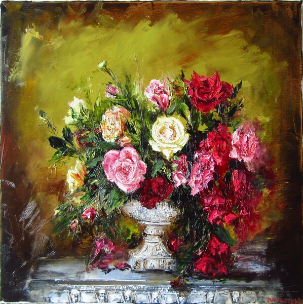 Ručně malovaný obraz od Igor Navrotskyi - "Zátiší Růže na stole", rozměr: 60 x 60 cm
