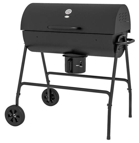 Outsunny Kovový Uhlíkový Gril BBQ Udírna s Termometrem v Poklici, Nastavitelný Držák pro Uhlí, Přenosný Grilový Vozík pro Barbecue a Kempování, 95x71