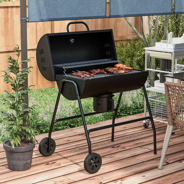 Outsunny Kovový Uhlíkový Gril BBQ Udírna s Termometrem v Poklici, Nastavitelný Držák pro Uhlí, Přenosný Grilový Vozík pro Barbecue a Kempování, 95x71
