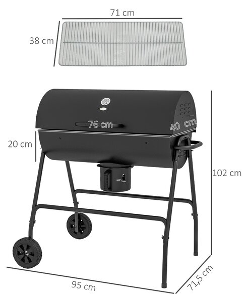 Outsunny Kovový Uhlíkový Gril BBQ Udírna s Termometrem v Poklici, Nastavitelný Držák pro Uhlí, Přenosný Grilový Vozík pro Barbecue a Kempování, 95x71