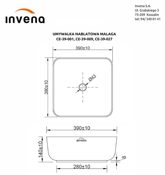 Invena Malaga, keramické umyvadlo na desku 39x39x14 cm, zlatá lesklá-černá matná, INV-CE-39-027-C