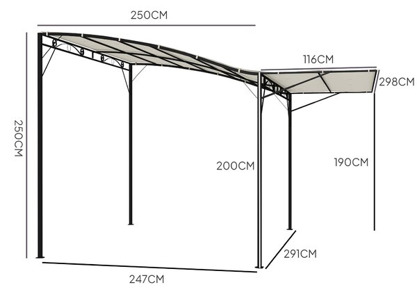 Outsunny Pergola Pavilon 3x2,5m Ocelový Voděodolný Slunečník s Nastavitelnou Střechou Montáž na Zeď Freestanding Zahradní Zastřešení pro Balkon Krémov
