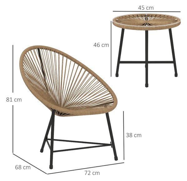 Outsunny Sada zahradního nábytku z poly rattan, venkovní lounge nábytek na balkon pro 2 osoby, 3-dílná sedací souprava se 2 židlemi a stolem, odolný z