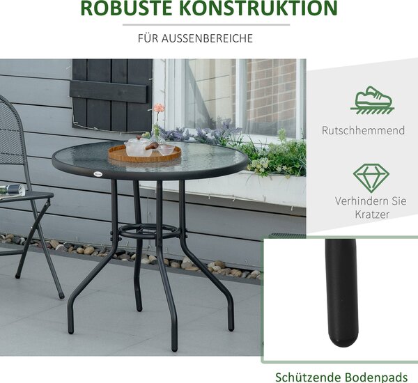 Zahradní stůl Outsunny, boční stůl na terasu, venkovní nábytek, balkónový stůl, bistro stůl s otvorem na slunečník, tvrzené sklo + kov černá Ø80 x 72