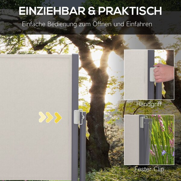 Zásuvná boční markýza Outsunny s privacy screen, ocelová skříňka, vodotěsná boční markýza, ochrana proti větru a slunci 300 x 100 cm pro balkon, teras