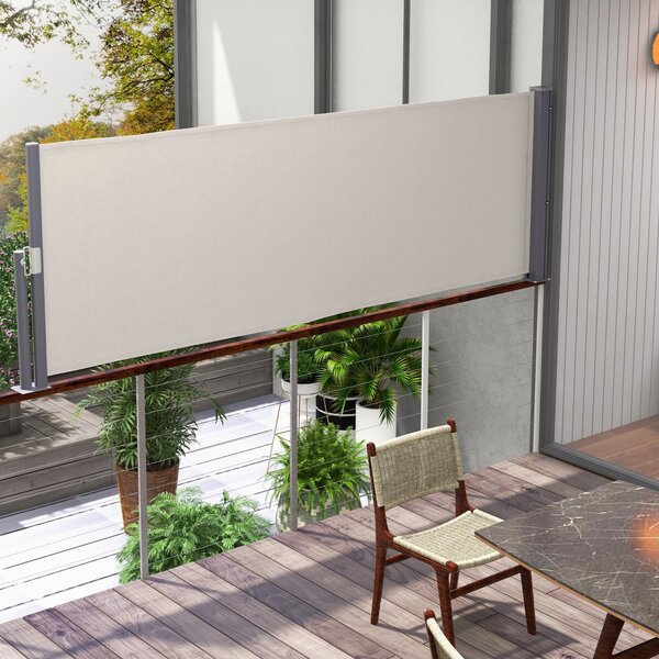 Zásuvná boční markýza Outsunny s privacy screen, ocelová skříňka, vodotěsná boční markýza, ochrana proti větru a slunci 300 x 100 cm pro balkon, teras