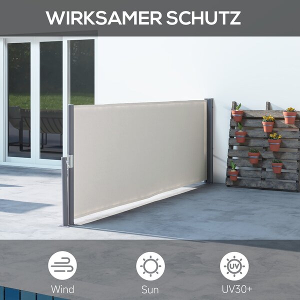 Zásuvná boční markýza Outsunny s privacy screen, ocelová skříňka, vodotěsná boční markýza, ochrana proti větru a slunci 300 x 100 cm pro balkon, teras