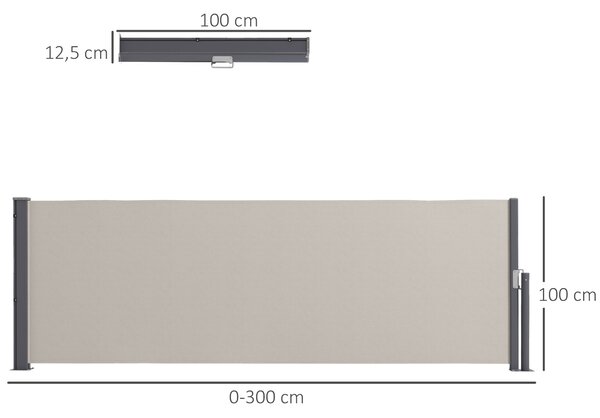 Zásuvná boční markýza Outsunny s privacy screen, ocelová skříňka, vodotěsná boční markýza, ochrana proti větru a slunci 300 x 100 cm pro balkon, teras