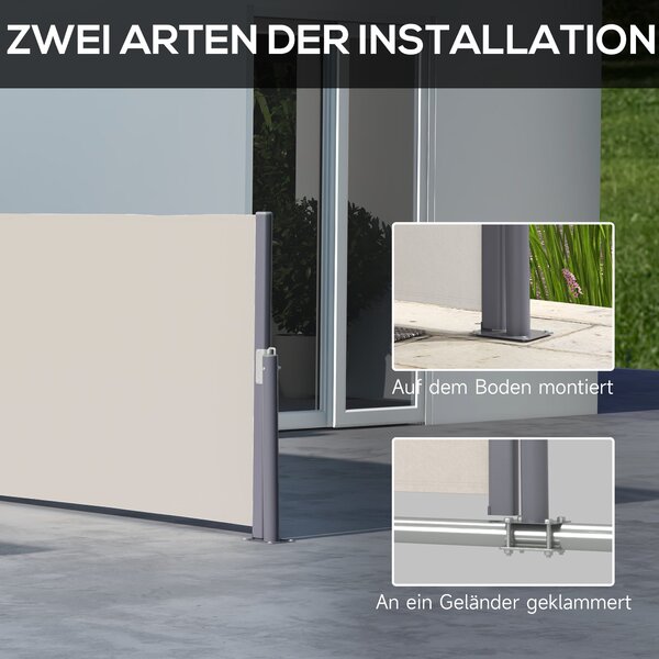 Zásuvná boční markýza Outsunny s privacy screen, ocelová skříňka, vodotěsná boční markýza, ochrana proti větru a slunci 300 x 100 cm pro balkon, teras