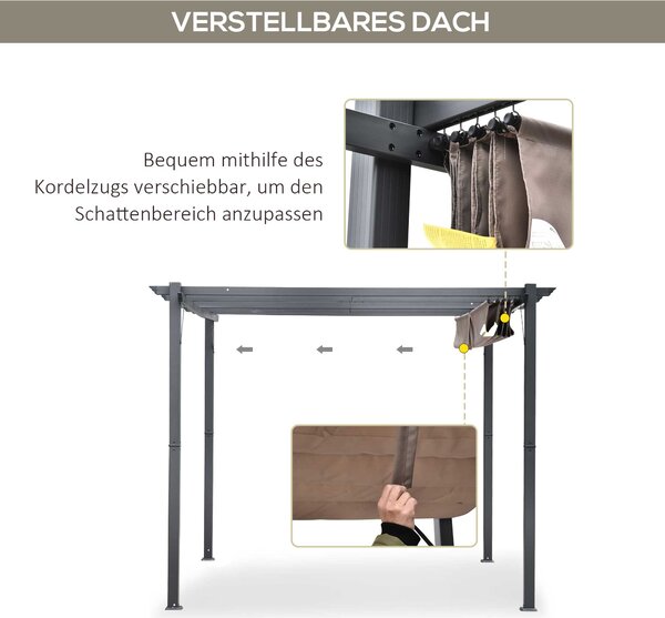 Outsunny Pergola Altán na Terasu s Posuvnou Stříškou, Hliníková konstrukce Tmavě šedá + Kávová hnědá 3x3x2,23 m | Aosom