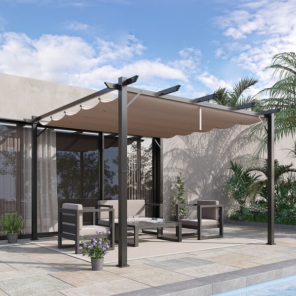 Outsunny Pergola Altán na Terasu s Posuvnou Stříškou, Hliníková konstrukce Tmavě šedá + Kávová hnědá 3x3x2,23 m | Aosom