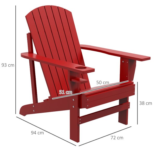 Outsunny Adirondack Zahradní Křeslo s Držákem na Nápoje, Sluneční Lehátko na Balkon, Masivní Dřevo, Červené 72 x 94 x 93 cm | Aosom