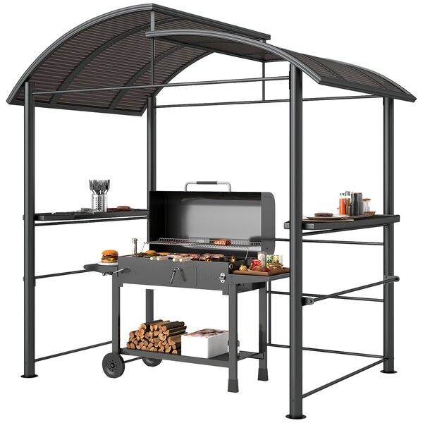 Grilovací altán Outsunny s plamenuvzdornou střechou, BBQ altán se 2 police, grilová terasa s UV ochranou, pergola do zahrady, na balkon, ocel PC tmavě