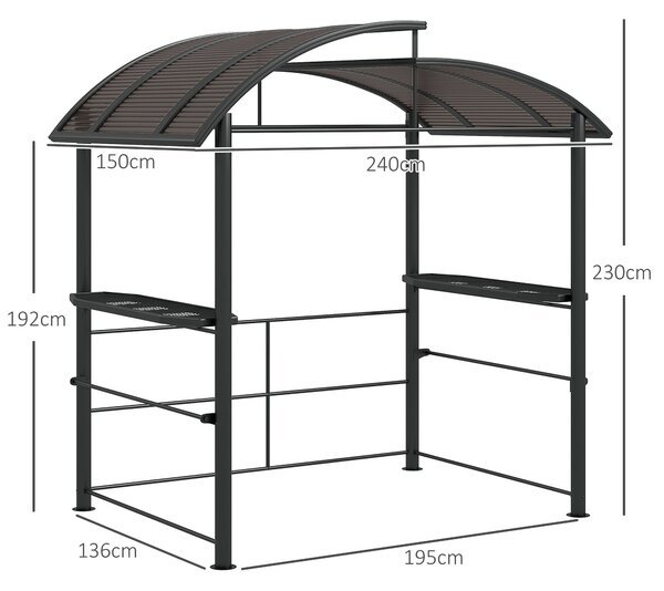 Grilovací altán Outsunny s plamenuvzdornou střechou, BBQ altán se 2 police, grilová terasa s UV ochranou, pergola do zahrady, na balkon, ocel PC tmavě