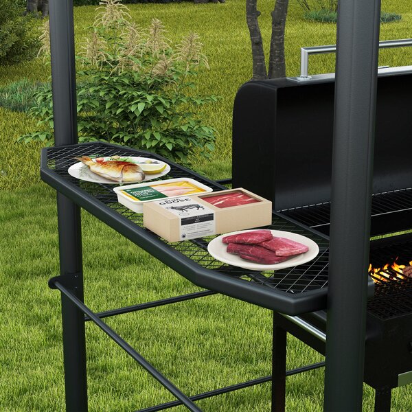 Grilovací altán Outsunny s plamenuvzdornou střechou, BBQ altán se 2 police, grilová terasa s UV ochranou, pergola do zahrady, na balkon, ocel PC tmavě