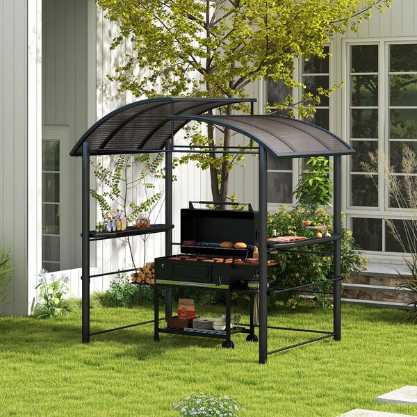 Grilovací altán Outsunny s plamenuvzdornou střechou, BBQ altán se 2 police, grilová terasa s UV ochranou, pergola do zahrady, na balkon, ocel PC tmavě