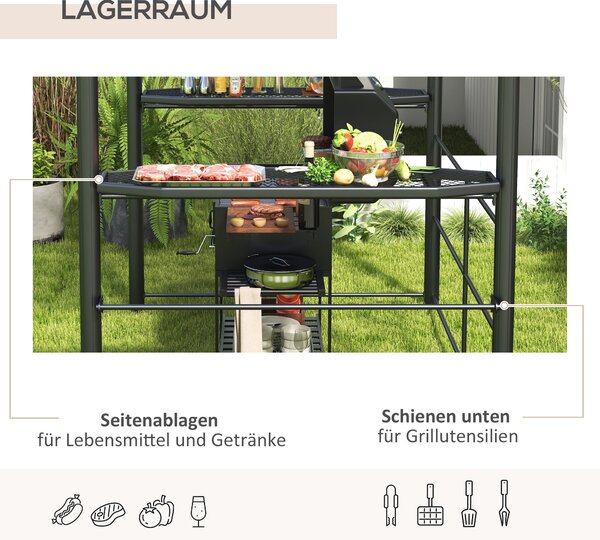 Grilovací altán Outsunny s plamenuvzdornou střechou, BBQ altán se 2 police, grilová terasa s UV ochranou, pergola do zahrady, na balkon, ocel PC tmavě