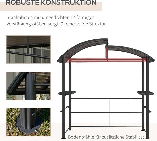 Grilovací altán Outsunny s plamenuvzdornou střechou, BBQ altán se 2 police, grilová terasa s UV ochranou, pergola do zahrady, na balkon, ocel PC tmavě