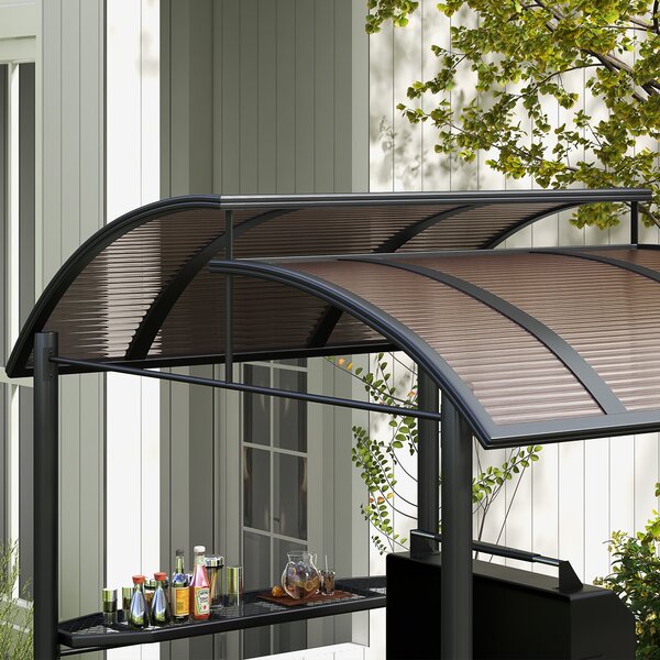 Grilovací altán Outsunny s plamenuvzdornou střechou, BBQ altán se 2 police, grilová terasa s UV ochranou, pergola do zahrady, na balkon, ocel PC tmavě