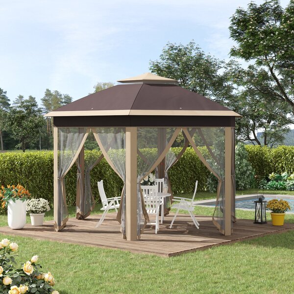 Outsunny Pavilon 4x4m Voděodolný Skládací Pavilon s Dvojitou Střechou, Zahradní Pavilon se 6 Bočními Panely, Party Stan včetně Přepravního Tašky pro Z