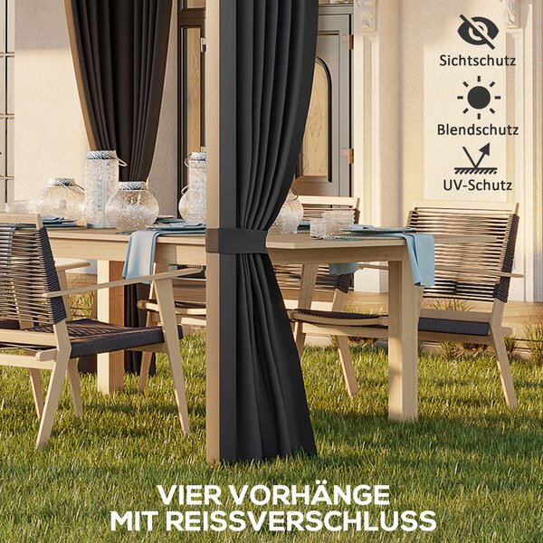 Pergola Outsunny, 3,65 x 2,55 m, Pavilon, Kryt terasy s posuvnou střechou, Zahradní pergola s závěsy, pro zahradu, dvůr, Hliník + kov, Tmavě šedá | Ao