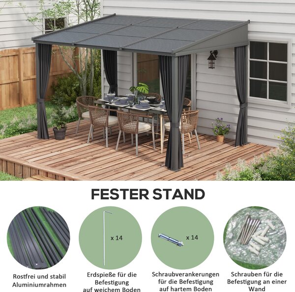 Pergola Outsunny, 3,65 x 2,55 m, Pavilon, Kryt terasy s posuvnou střechou, Zahradní pergola s závěsy, pro zahradu, dvůr, Hliník + kov, Tmavě šedá | Ao