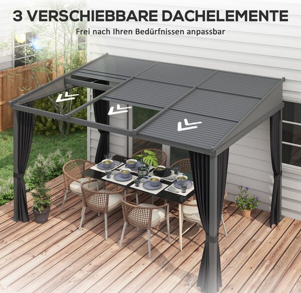 Pergola Outsunny, 3,65 x 2,55 m, Pavilon, Kryt terasy s posuvnou střechou, Zahradní pergola s závěsy, pro zahradu, dvůr, Hliník + kov, Tmavě šedá | Ao