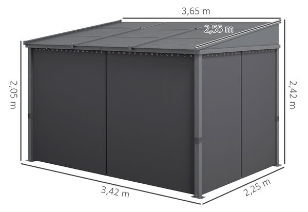 Pergola Outsunny, 3,65 x 2,55 m, Pavilon, Kryt terasy s posuvnou střechou, Zahradní pergola s závěsy, pro zahradu, dvůr, Hliník + kov, Tmavě šedá | Ao