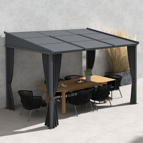 Pergola Outsunny, 3,65 x 2,55 m, Pavilon, Kryt terasy s posuvnou střechou, Zahradní pergola s závěsy, pro zahradu, dvůr, Hliník + kov, Tmavě šedá | Ao