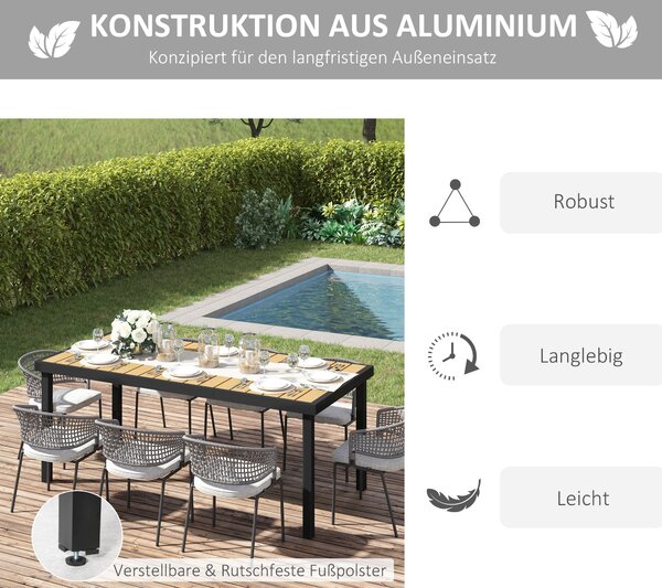 Outsunny Zahradní stůl pro 8 osob - Hliníkový jídelní stůl - Zahradní nábytek - Snadno udržovatelný plast - Přírodní + černý 190 x 90 x 74 cm | Aosom
