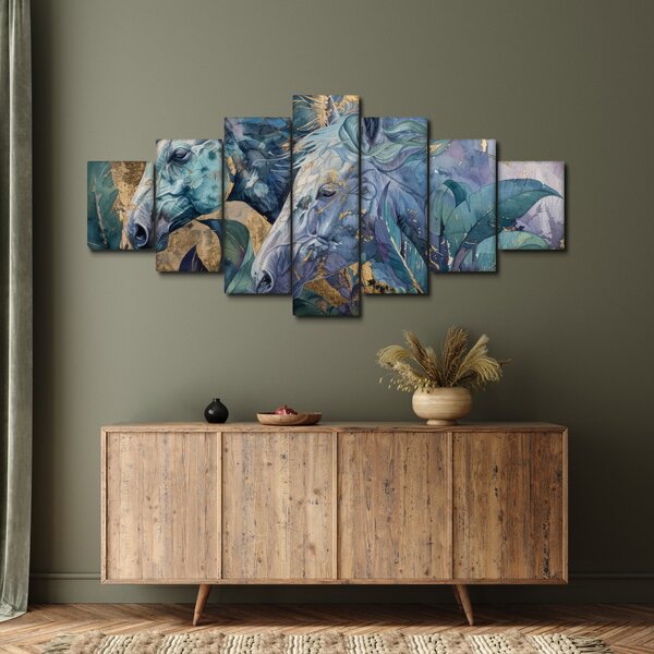 Obraz - Koně se zlatým pozadím (210x100 cm)