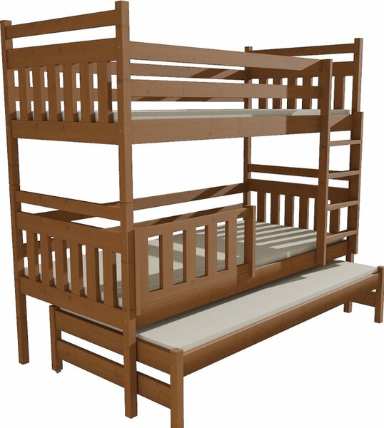 Dětská patrová postel s přistýlkou z MASIVU 200x90cm s navýšením mezi lůžky - PPV004 - moření dub