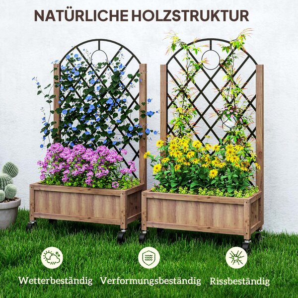 Outsunny 2-dílná sada vyvýšených záhonů s kolečky, treláž, dřevěný květináč pro espaliér 52x25x97cm | Aosom